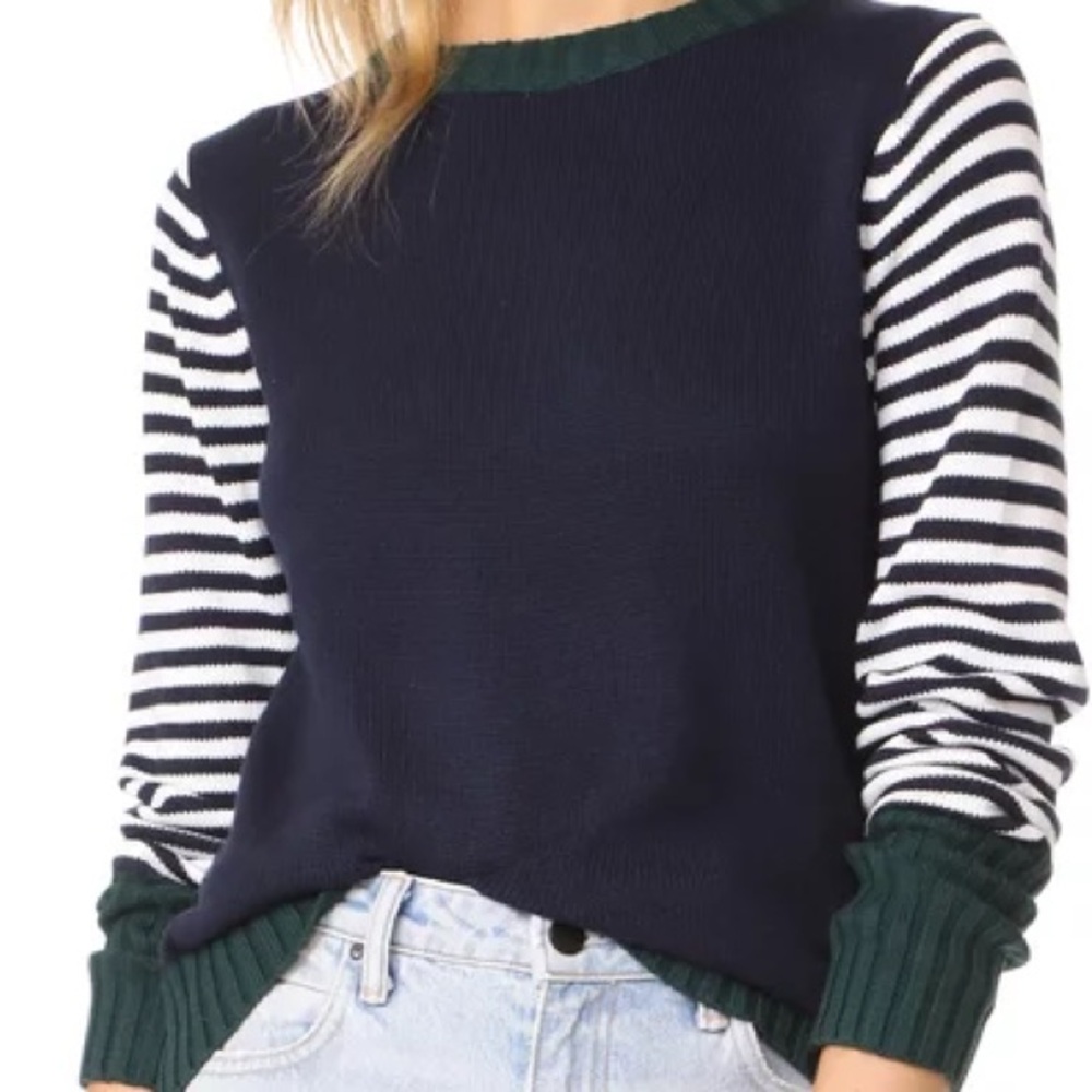 English Factory Navy and Green Striped Sleeves Sweater